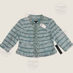 Chico’s Black Label M Tweed Jacket | Embellished Shell Enamel Tile Trim Aqua NWT